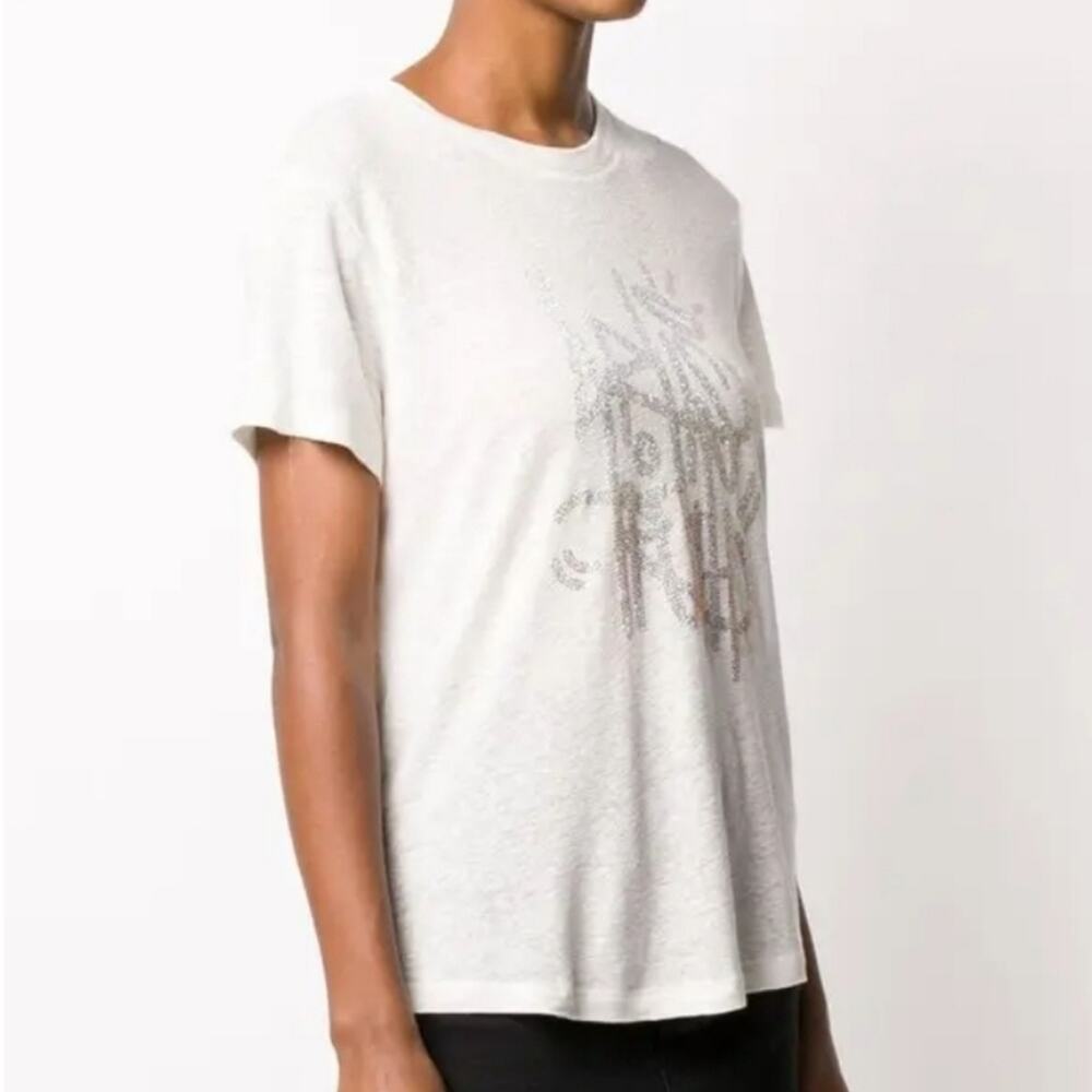 NEW Zadig & Voltaire Azedi Jormi Strass Crystal Linen Blend T-Shirt White Large